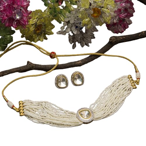Ethnic Kundan & Pearl Choker Indian Fashion Jewellery Set