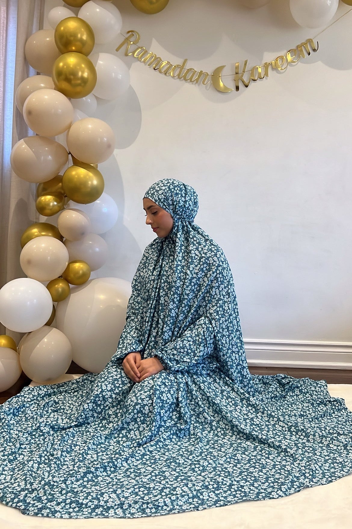 Full Coverage Prayer Hijab Linen - TEAL FLORAL