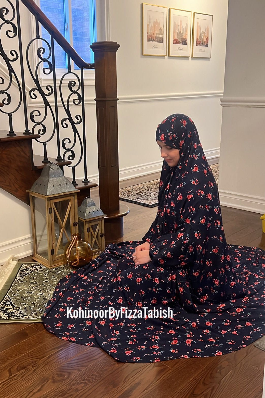 Full Coverage Prayer Hijab Linen - Floral Blue