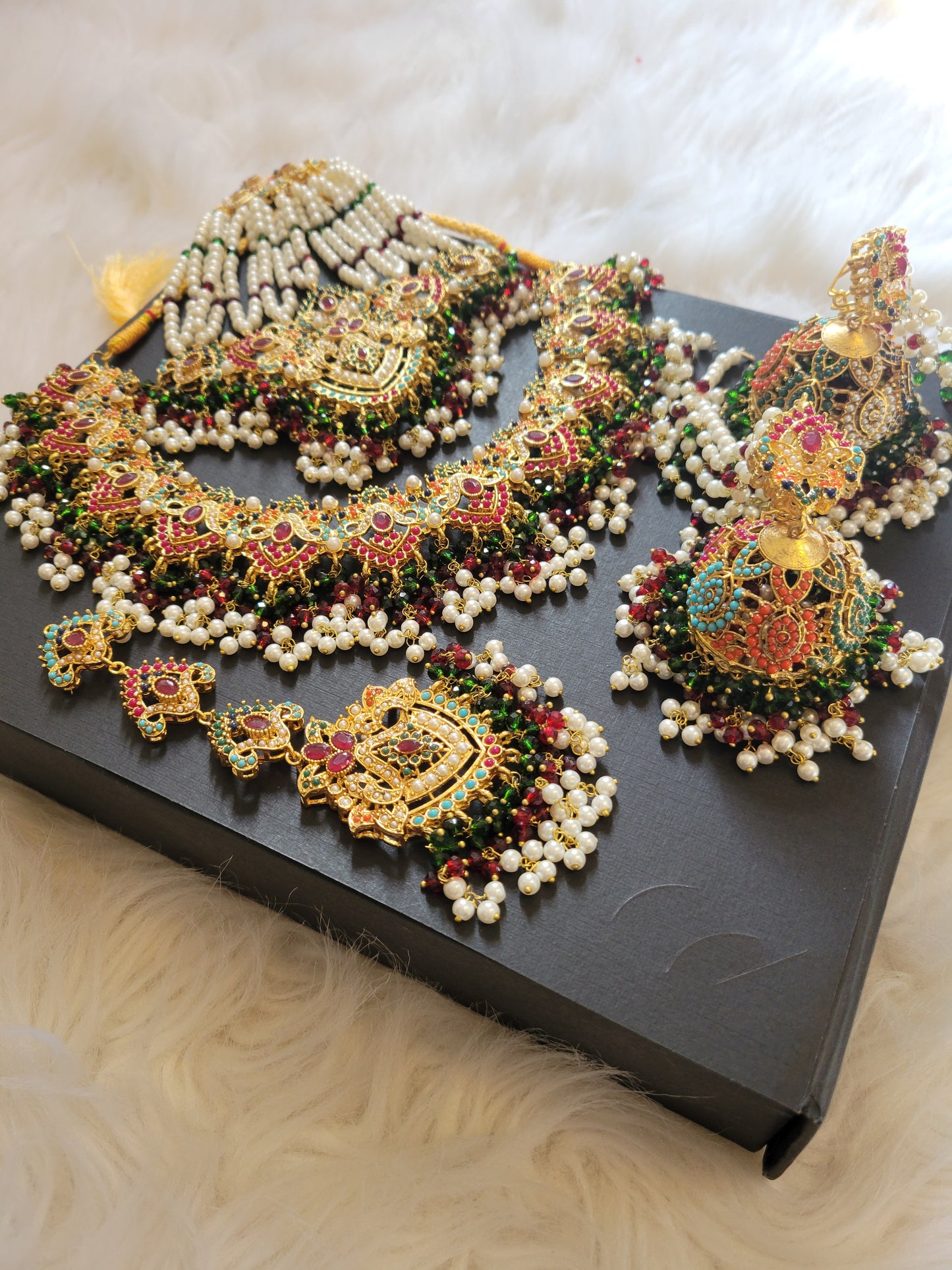 Multi-color Nauratan Bridal set with oversized jhumki